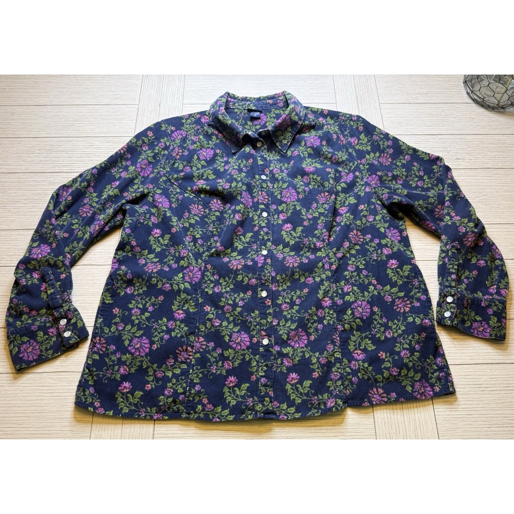 Basic Editions Navy Floral VTG Corduroy‎ Shirt Top Shacket Pearl Snaps Women 1X